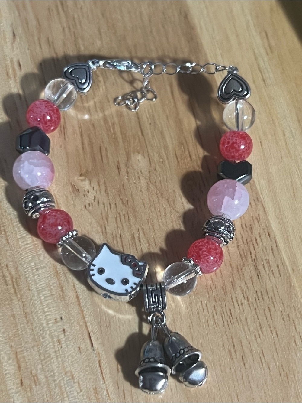 Cute Kitty Charm Beaded Bracelet in Pink & Red B206